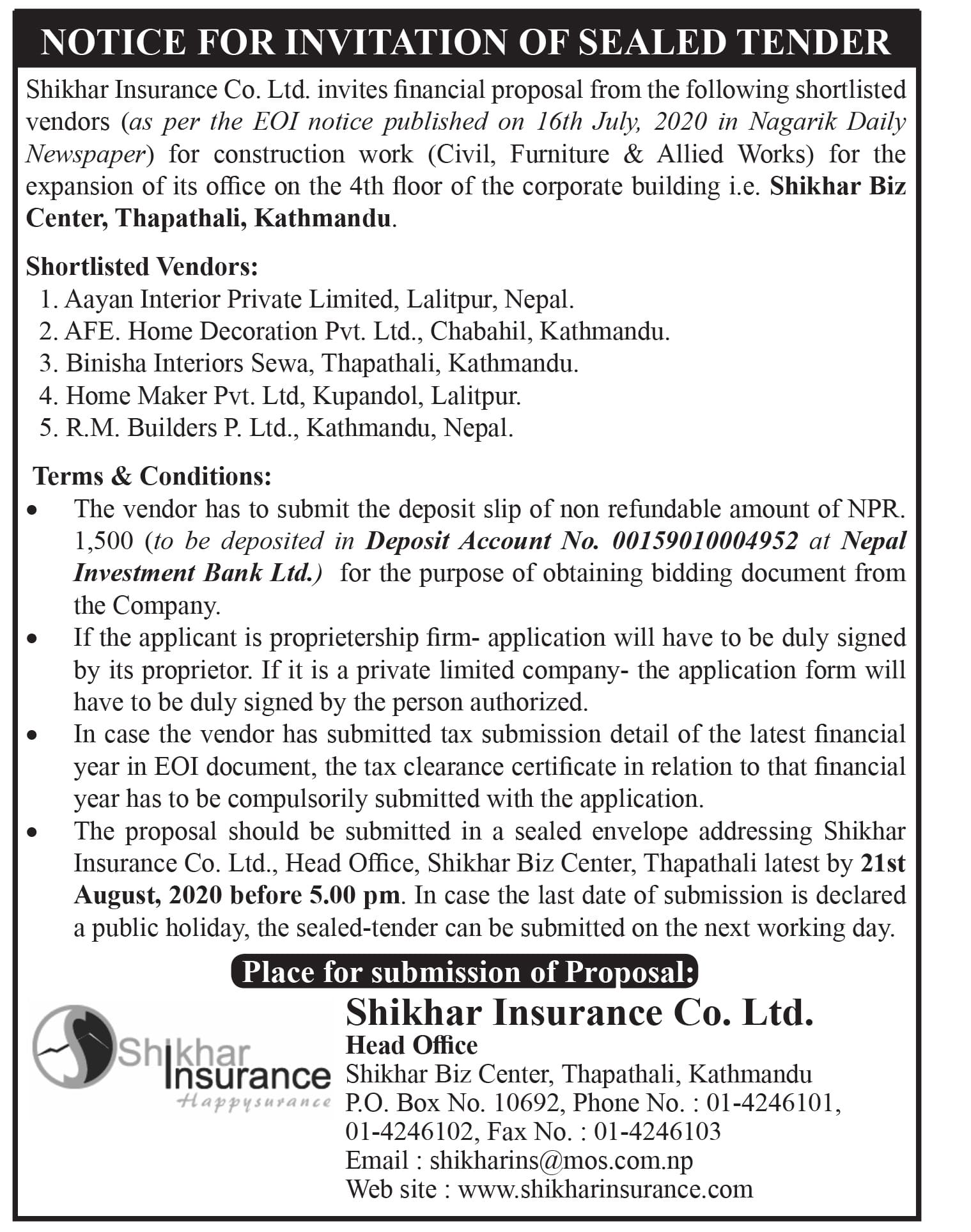 Notice for invitation of sealed tender